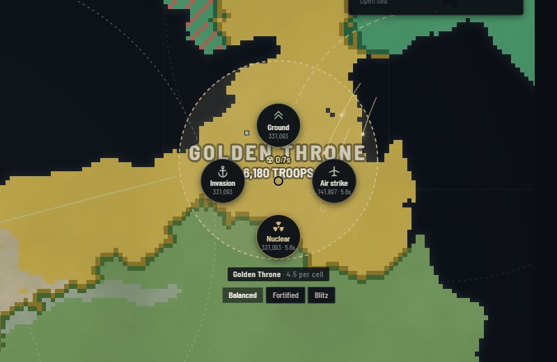 The radial orders menu over an enemy nation: ground, invasion, air strike and nuclear
